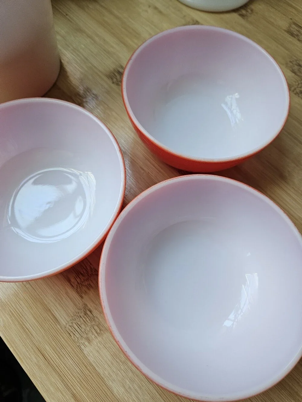 Hazel Atlas MCM Milk Glass Orange Peel Texture Red 4.8 in Cereal Bowl Set of 3